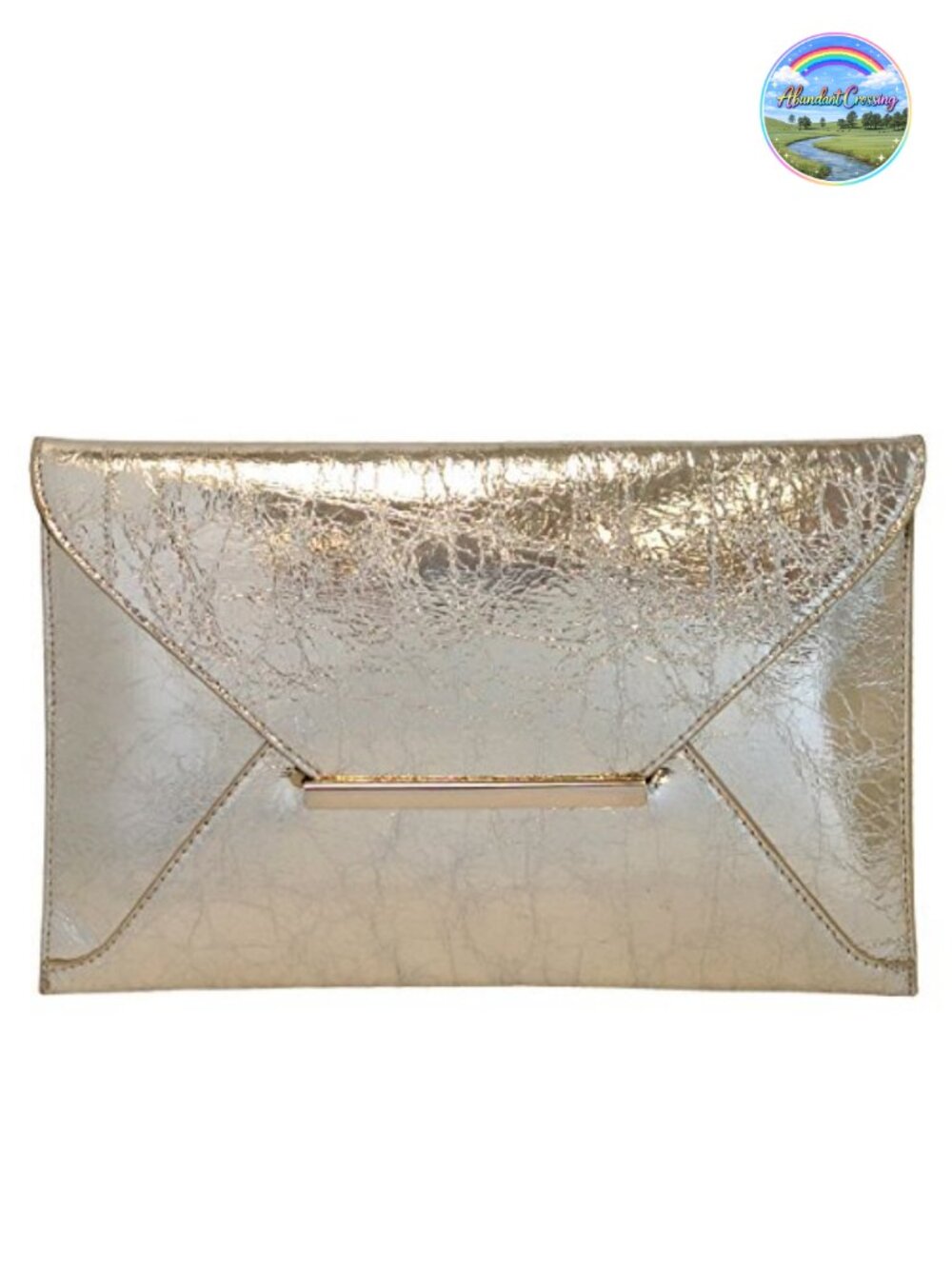 Crushed Metallic Faux Leather Envelope Clutch with Detachable Chain